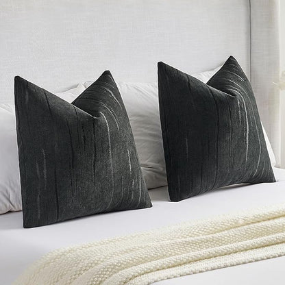 FUTEI Black Chenille Decorative Throw Pillow Covers 18x18 Inch Set of 2,Soft Embossed Striped Textured Cushion Case,Modern Home Decor for Couch Bed Living Room