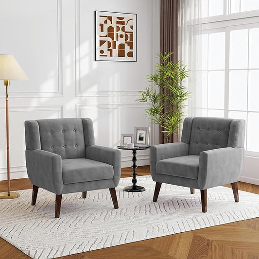 Lumibee Accent Chairs Set of 2, Velevet Fabric Armchairs for Living Room, Comfy Upholstered Arm Chairs Tufted for Indoor Bedroom Office Room (Gray Velvet)