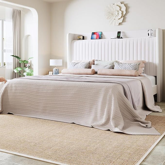 Allewie Queen Size Platform Bed Frame with USB Charging Station and Storage Shelf/Upholstered Velvet Wingback Headboard/Wooden Slats Support/No Box Spring Needed/Easy Assembly, White