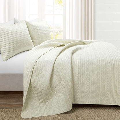 Lush Decor Hygge Geo Pattern Striped 3 Piece Quilt Bedding Set, King, Ivory