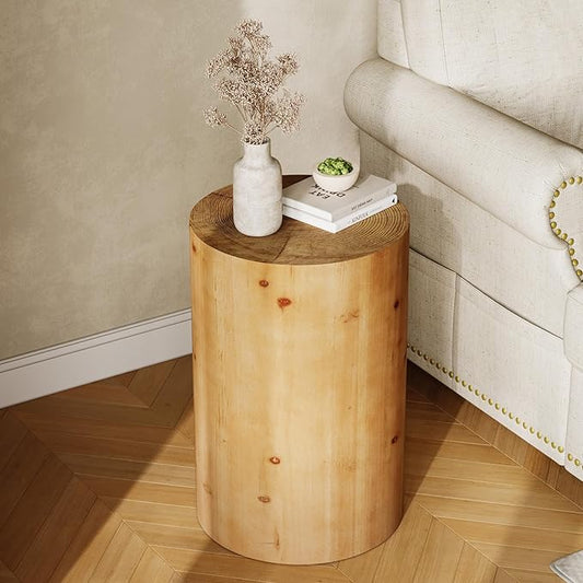 LITTLE TREE Small End Table, Wood Round Drink Table, Farmhouse Side Table for Small Spaces, Modern Plant Stand, Accent Cocktail Table for Living Room, Bedroom Nightstand, Wooden Pedestal Natural