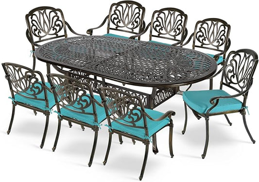 MEETWARM 9-Piece Outdoor Patio Dining Set, 8 Outdoor Dining Cushioned Chairs and 1 Oval Table with 2" Umbrella Hole, All Weather Cast Aluminum Patio Funiture Set for Backyard, Ocean Blue