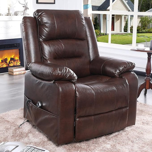 S*MAX Dual Motor Power Lift Recliners Chair for Elderly Infinite Position Full Air Leather Lay Flat Electric Recliner Chairs for Seniors Side Pockets USB Charge Port Brown