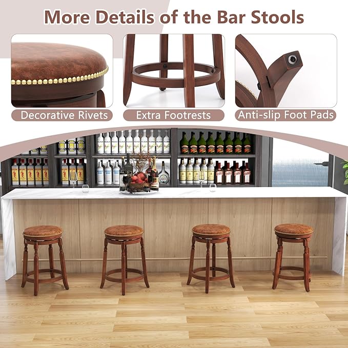 COSTWAY Round Swivel Wooden Bar Stools Set of 2, 24-inch Upholstered Backless PU Leather Farmhouse Counter Chairs with Footrest, Decorative Rivets for Kitchen Island, Dining Room, Walnut