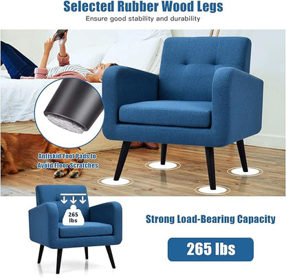 Giantex Upholstered Accent Chair, Modern Mid Century Linen Fabric Living Room Chair with Arms, Max Load 265 Lbs, Comfy Tufted Single Sofa for Reading, Bedroom, Office, Club, Blue
