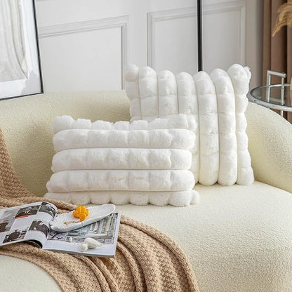 Neelvin Cream White Faux Fur Cozy Soft Plaid Decorative Throw Pillow Covers 26x26 inch Set of 2,Velvet Pillowcase Cushion Case for Sofa Couch