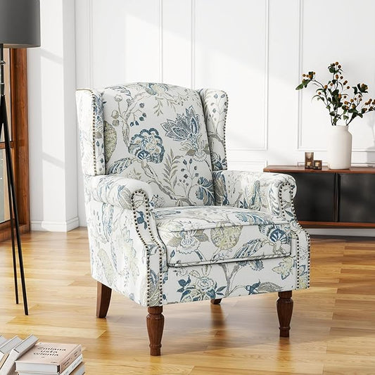 UIXE High Back Floral Accent Chair, Fabric Upholstered Armchair Wingback Chair for Living Room, Nailhead Trim Single Sofa Bedroom Side Reading Seat - Plants Blue