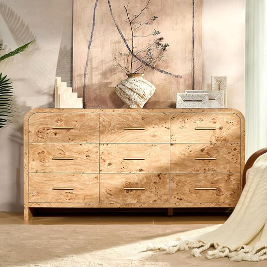Curved 9-Drawer Dresser for Bedroom, 63" Wide Modern Chest of Drawers, Vanity Desk TV Stand for Living Room, Closet Storage Drawers Organizer Furniture, Nursery, Hallway, Light Burl