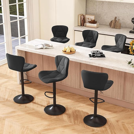 Bar Stools Set of 6,Adjustable Swivel Barstools, Faux Leather Bar Chairs,Upholstered Counter Height with High Backrest for Kitchen Island, Black
