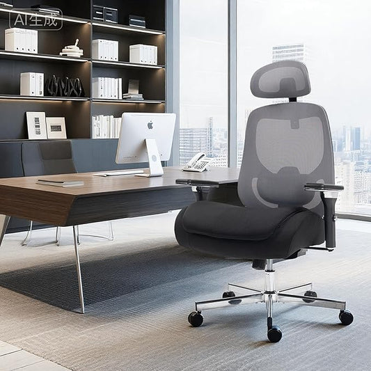 450 LBS Big and Tall Office Chair, Heavy Duty Executive Chair w/4D Arms, Ergonomic Computer Home Desk Chair, Swivel Mesh Chair w/2D Lumbar Support, Adjustable Headrest, Tilt Lock-Black and Grey