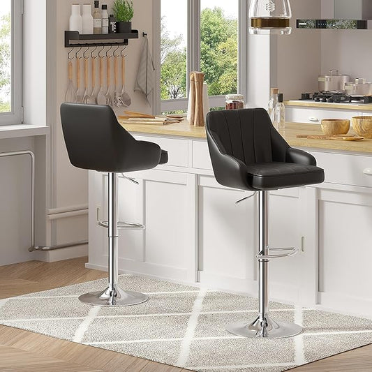 VECELO Bar Stools Set of 4, Adjustable Barstools, Counter Height Stools with Back and Arm, Kitchen Island Stools, Swivel PU Chairs for Pub, Dining Room, Modern Style, PU Black
