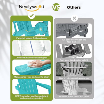 nevilywood Folding Adirondack Chair with Cup Holder Set of 4, HDPE Patio Chairs,All-Weather Outdoor Chairs for Backyard, Deck,Fire Pit-Aruba