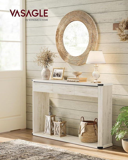 VASAGLE Console Table, 47.2 Inches Sofa Table, Narrow Entryway Table, Entry Table with 3 Drawers, Bottom Shelf, Metal Corners, for Living Room, Bedroom, Farmhouse Style, Rustic White ULNT143W73