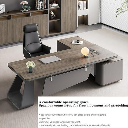 L Shaped Executive Desk, 86.6 inch Large Executive Computer Desk Set Drawers and Lockable, Power Socket and USB Port Storage, Without Display Racks and Bookshelves