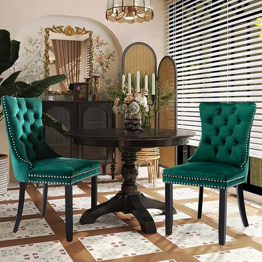 Velvet Upholstered Dining Chairs Set of 2, Modern Style Kitchen Side Chairs with Nailhead Trim and Wood Legs,Metal Pulling Ring for Dining Room Living Room