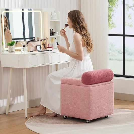 Boucle Vanity Chair with Storage, Swivel Makeup Vanity Chair with Wheels & Safety Hinge, Upholstered Vanity Stool Ottoman for Bedroom, Dressing Room, Pink