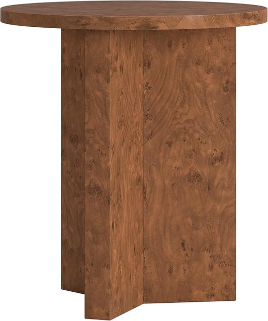Henn&Hart 20" Scandinavian Round Wooden End Table, Side Table, Nightstand with X-Base for Living Room, Office, Family Room, or Bedroom, Walnut Burl