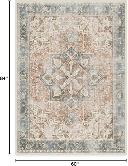 RUGGABLE Washable Vintage Area Rug – Kamran Coral 5x7, Stain-Resistant, Non-Slip – Medium Machine Washable Rugs for Living Room, Bedroom, Hallway, Entryway & Office–with Cushioned Pad