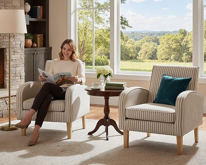 Farmhouse Striped Accent Chair for Living Room Set of 1, Linen Fabric Modern Comfy Armchairs with Cushion, Upholstered Striped Reading Chairs for Bedroom Couch Chair with Wood Legs, Khaki