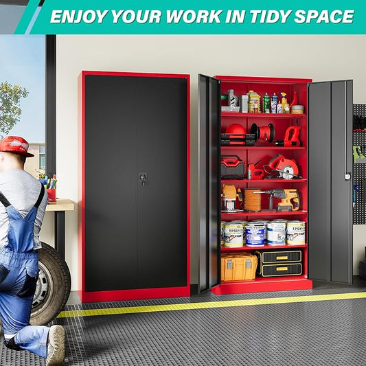 SISESOL Red Metal Storage Cabinet with Locking Doors and Shelves,Garage Storage Cabinet with Lock,Steel Locker,Lockable Cabinets for Home,Office,Shop,Garage Cabinets