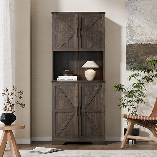 Cozy Castle 74" Farmhouse Pantry Cabinet with Charging Station, Tall Kitchen Storage Hutch Cabinet Coffee Bar Workstation, Sideboard Buffet Cupboard for Dining Room Living Room Furniture, Dark Brown