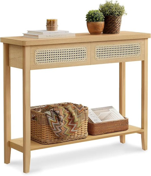 VASAGLE Console Table, Sofa Table, Narrow Entryway Table with 2 Drawers, Open Storage Shelf, Rounded Corners, for Living Room, Boho Style, Oak Beige ULNT016Y57V1