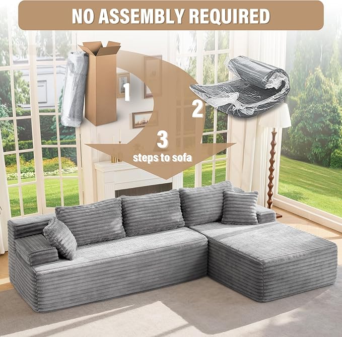 Hobestluk Modular Sectional Couch Sofa,96" Boneless Couches for Living Room, Memory Foam Sectional Couch with Oversized Chaise,L-Shape Couches (Grey, Right Facing)