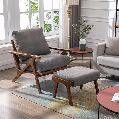 Wahson Mid Century Arm Chair and Ottoman Set, Upholstered Accent Armchair with Wood Frame and Canvas Cushions, Leisure Slipper Chair for Living Room/Bedroom, Grey