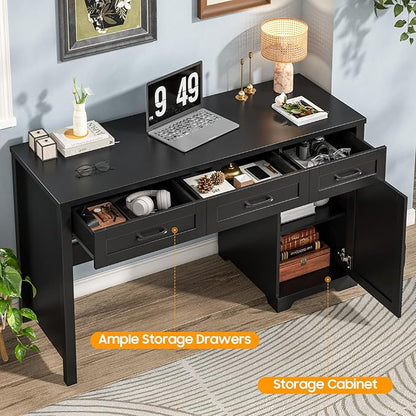 Farmhouse 59" Executive Desk,Computer Desk with 3 Drawers and Storage Cabinet,Workspace for Home Office and Study. Pure Black