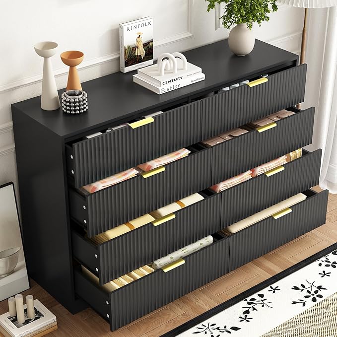 3-Piece Modern Bedroom Furniture Set, Wide 8-Drawer Dresser & 3-Drawer Nightstands Set of 2, Natural Wood Dresser and Nightstand Sets for Bedroom, Hallway, Black