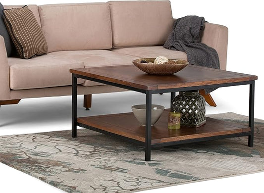 SIMPLIHOME Skyler Square Coffee Table - 34 inch Wide Solid Mango Wood and Metal Living Room Table in Dark Cognac Brown, Industrial Center Table for Family Room with Open Shelf and Black Frame