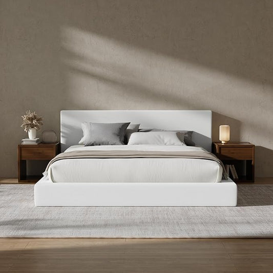 RECCI Cloud Upholstered Queen Bed Frame with Headboard, 5 Inch Foam Padded Platform, No Box Spring, Easy Assembly (Off-White)