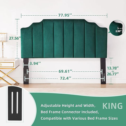 King Upholstered Headboard, Velvet Tufted Headboard only, Elegantly Curved King Size Headboards only, Modern Vertical Channel Design Bed Headboards, Dark Green