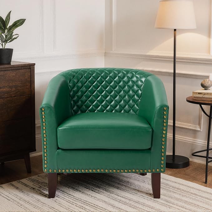 Pia Ricco Faux Leather Barrel Accent Chair, Modern Club Arm Chair Comfy Upholstered Single Sofa Chair with Solid Wood Legs and Nailhead Trim for Living Room/Reading Room (Green)