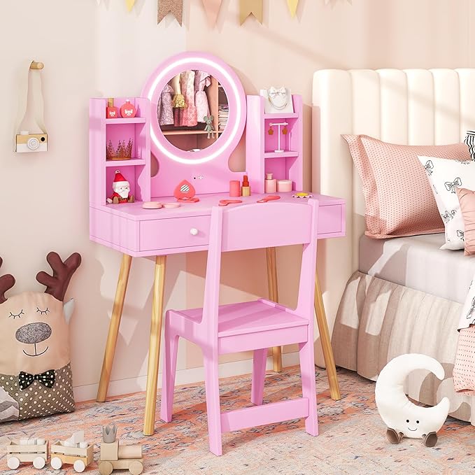 Costzon Kids Vanity, Girls Vanity Set with Mirror and Stool and Lights, Drawers, Storage Shelves, Wooden Toddler Makeup Vanity Desk Dressing Table, Kids Vanity Table and Chair Set (Pink)