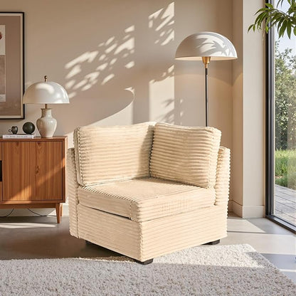 32.7'' Corner Seat for Modular Sectional Sofa, Deep Seat Upholstered Convertible Sleeper Sofas, L/U/V Shaped Plush Corduroy Cloud Couch for Living Room Apartment, Beige