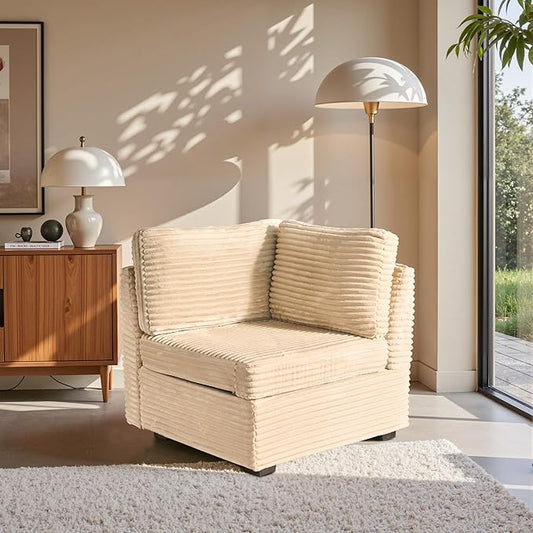 32.7'' Corner Seat for Modular Sectional Sofa, Deep Seat Upholstered Convertible Sleeper Sofas, L/U/V Shaped Plush Corduroy Cloud Couch for Living Room Apartment, Beige