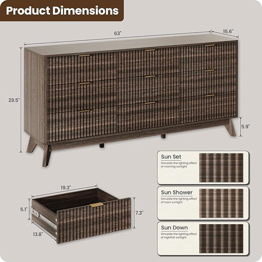 63'' Wide 9 Drawers Dresser for Bedroom,Modern Fluted Vertical Chest with Rounded Corners,Fluted Dresser for Living Room,Hallway, Walnut