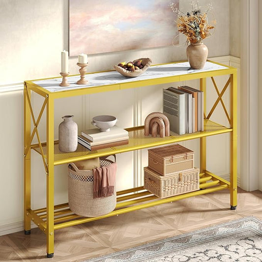 Hoctieon Gold Console Table, 3 Tier Entryway Table, Hallway Table, Narrow Sofa Table with Shelves, Entrance Table for Entryway, Gold and White