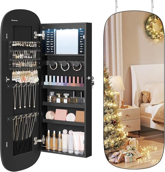 SONGMICS Jewelry Organizer, LED Jewelry Cabinet Wall/Door Mounted, Lockable Rounded Wide Mirror with Storage, Christmas Gift 3.9 x 16.5 x 42.5 Inches, Black Surface with Black Lining