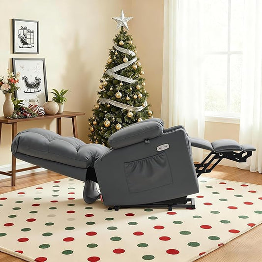 MCombo Large Dual Motor Power Lift Recliner Chair for Elderly, Massage and Heat, Lay Flat, Zero Gravity, Home Button, USB Port, Faux Leather 7680 (Dark Grey, Large)
