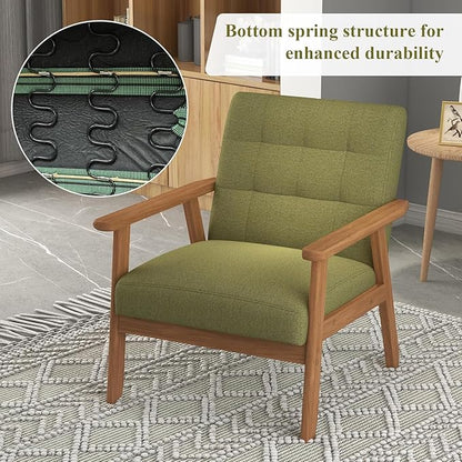 Westice Accent Chair 1PC, Mid-Century Modern Living Room Chairs with Solid Wood Frame & Soft Thicken Cushion, Upholstered Reading Arm Chair for Bedroom, Balcony, Green Linen Fabric & Natural Legs