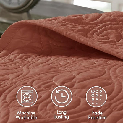 Madison Park Bedspread Set Reversible Damask Quilted Oversized Coverlet, Cotton-Filled Quilts Oversized, All Season, Lofty & Warm Bedspread, Quebec, Clay Red 3 Piece