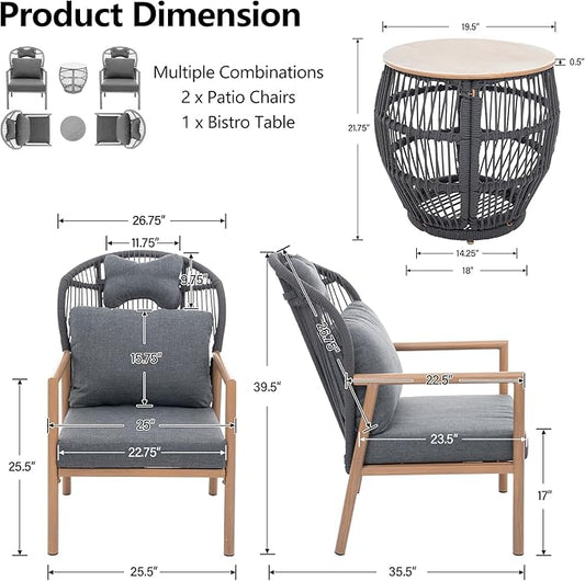 DAYRAUS Living Room Chairs, Accent Chairs Set of 2 with Coffee Table, Rattan Braid Arm Chair, Comfy Reading Lounge Chair, 3 Pieces Living Room Furniture Sets, Bedroom Armchair for Outdoor, Dark Gray
