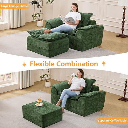 Hobestluk Cloud Single Sofa Memory Foam Couch with Deep Seat L Shaped Sofa with Removable Cover Large Couch for Living Room (Green, Single Sofa)