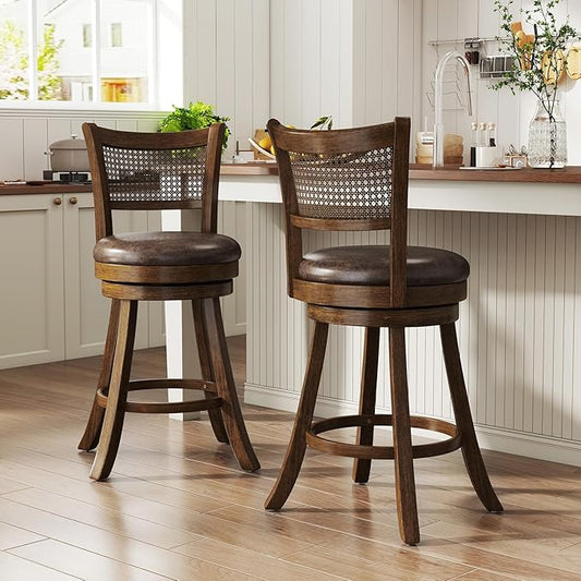 COSTWAY 25” Swivel Counter Height Barstools Set of 2, Rubber Wood Bar Stools with Rattan Backrest, Footrest, Upholstered Leathaire Armless Chairs for Kitchen Island, Pub, Brown (2, 25” Seat Height)