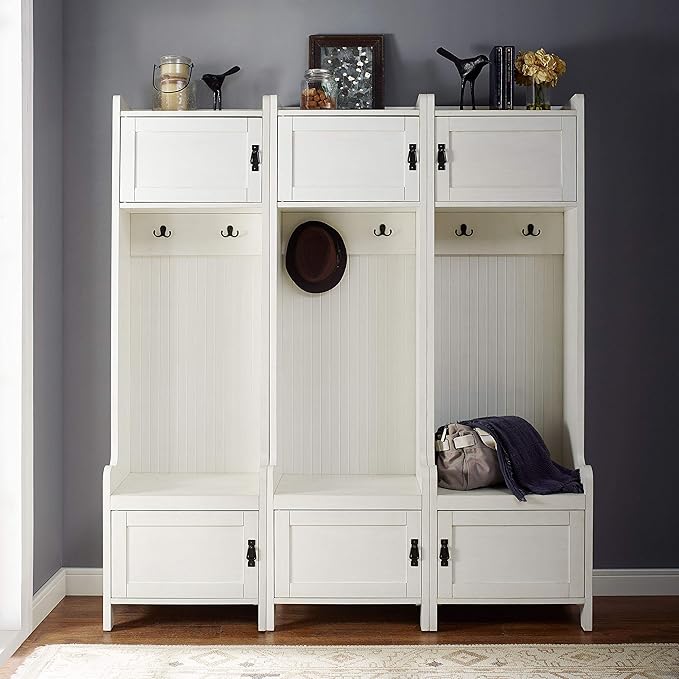 Crosley Furniture Fremont 3-Piece Hall Tree Entryway Set with Storage Cabinets and Coat Rack Hooks, Distressed White