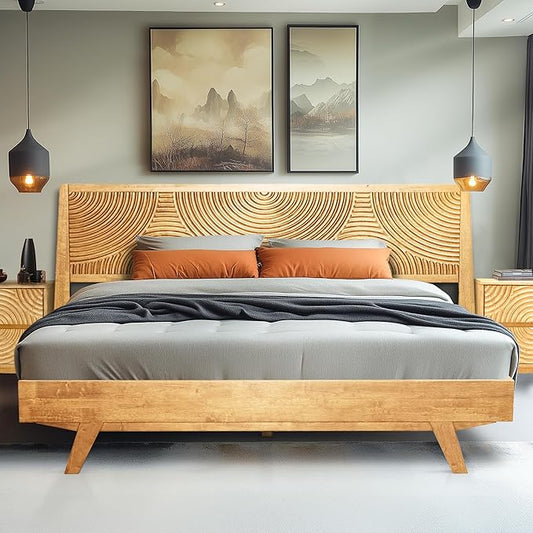 ACACIA Harmony Queen Platform Bed Frame – Solid Rubber Wood, Natural Oak Finish, Mid-Century Design, Signature Circular Wood Texture, 800lbs Support, No Box Spring Needed, Easy Assembly, Easy Assembly