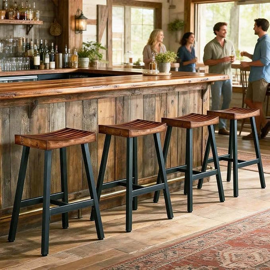 OUllUO Bar Stools Set of 4, Backless Saddle Barstools, 25" Counter Height Bar Stools, Solid Wood Counter Stools with Metal Frame, 521P-BBWD4