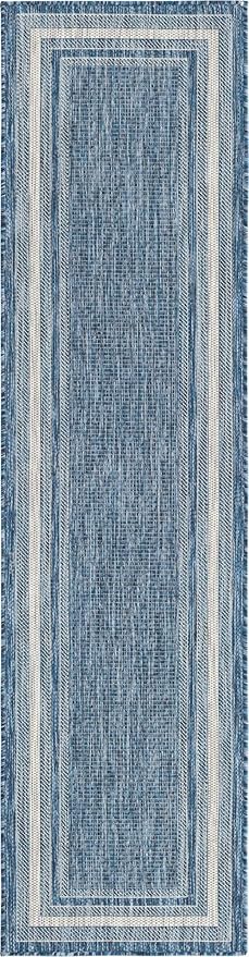 Unique Loom Outdoor Border Collection Area Rug - Soft Border (2' x 8' Runner, Blue/ Ivory)
